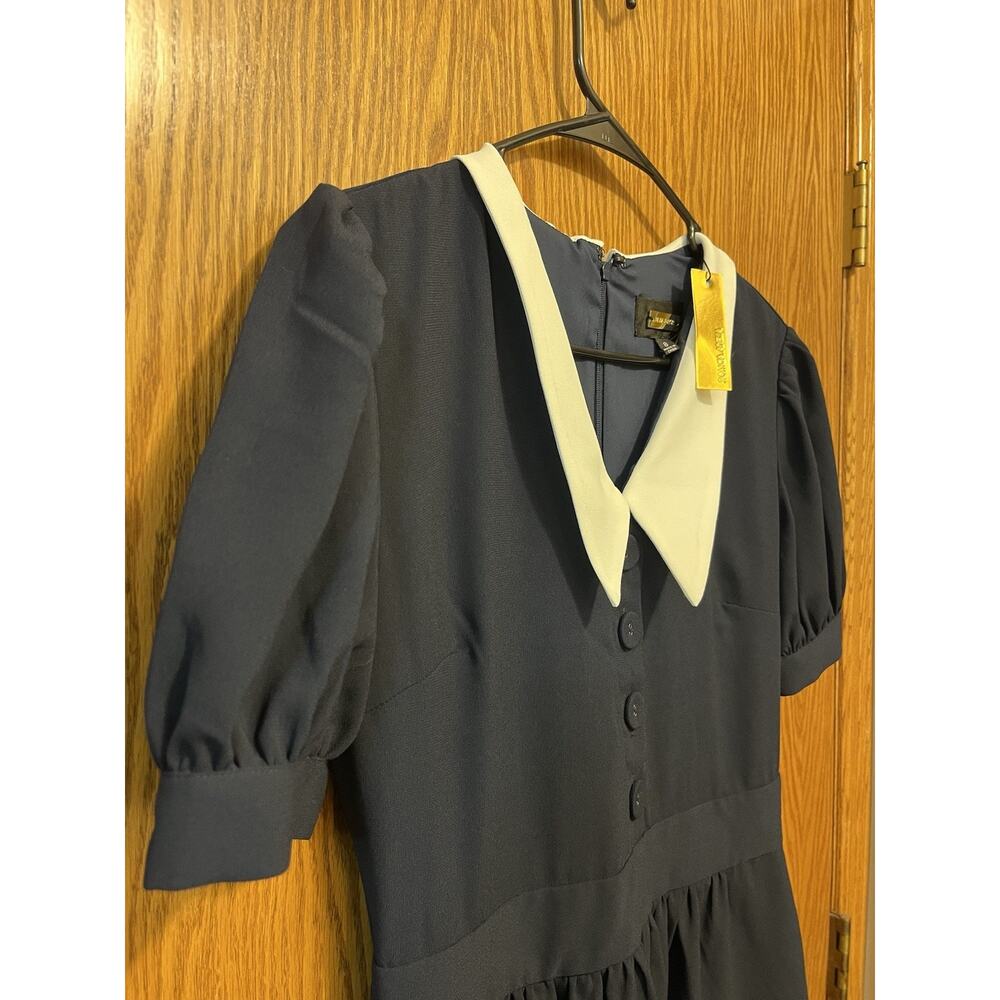 Alexia Admor NWT Navy Blue Contrast Collar Puff Sleeve Midi Dress Size 8 Vintage - Picture 2 of 15